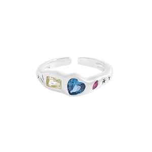 S925 sterling silver adjustable ring with colorful zircon heart and star engraving