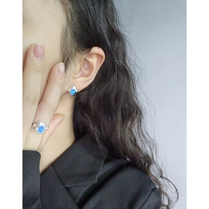 Minimalist S925 silver earring and ring set with irregular blue opal gemstones