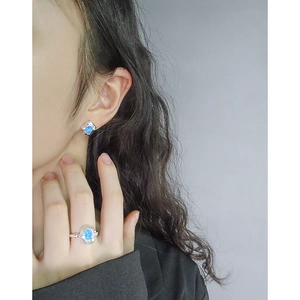 Irregular S925 silver ring and earrings set with ocean blue synthetic opal stones