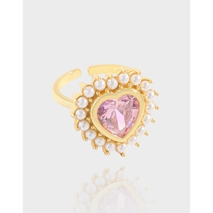 Bague Künstliche Perle Zircon Rose En Forme De Cœur Argent Sterling 925 Plaqué Or 18 Carats Anneau Ouvert Ajustable Bijoux Pour Femmes