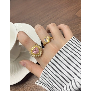 Bague en argent S925 avec cœur en zircon rose et perles sur monture dorée rétro