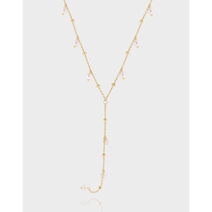 Y Shaped Lariat Necklace Artificial Pearl 925 Sterling Silver Gold Plated Elegant Minimalist For Women Long Chain Jewelry