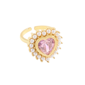 Bague ouverte en argent S925 avec zircon cœur rose et perles dorées fines