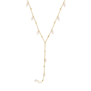 Elegant gold S925 silver Y-shaped necklace with alternating white pearls and gold beads