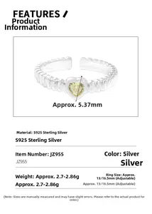 Detailed specs of S925 sterling silver ring with 5.37mm heart-shaped yellow zircon