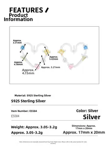 Detailed specs of S925 silver hollow heart earrings with colorful zircon stones