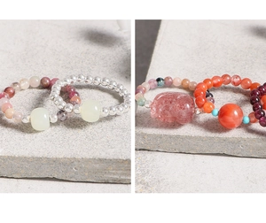 Detail of S925 silver beaded rings with natural rose quartz and strawberry crystal stones