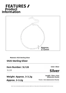 Detail view of S925 sterling silver fragment chain showing 2.12mm width and 15cm length