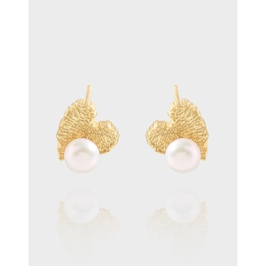 Hammered Wrinkled Heart Artificial Pearl Stud Earrings With 925 Sterling Silver Earring Post 18K Gold Plated French Retro Design