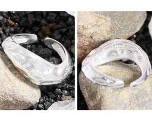 Detailed view of the S925 sterling silver ring featuring a rustic irregular bark texture