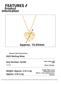Detail view of gold S925 sterling silver heart necklace with zircon star accents