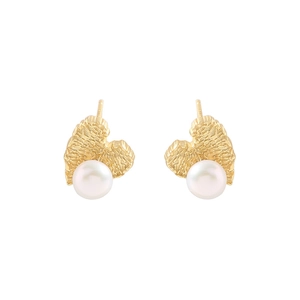 Elegant gold heart earrings with textured surface and white pearl drops for women