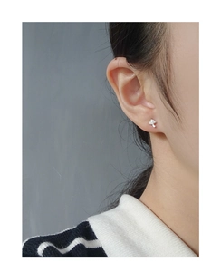 Close-up of S925 sterling silver mushroom stud earring worn on ear with zircon details