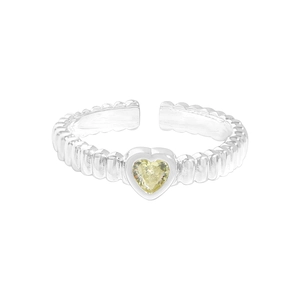 Adjustable S925 silver ring with a yellow heart zirconia and vertical wave textures