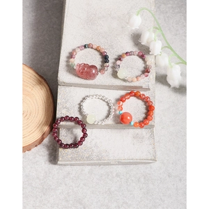 Natural crystal beaded S925 silver rings set with strawberry quartz and carnelian