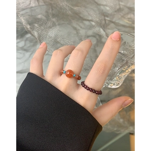 Natural crystal beaded S925 silver ring set with garnet and brown beads on elastic cord