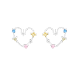 S925 sterling silver heart-shaped stud earrings with colorful multi-shaped zircons