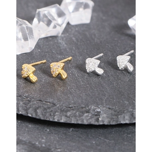 S925 sterling silver mushroom stud earrings with zircon stones in gold and silver