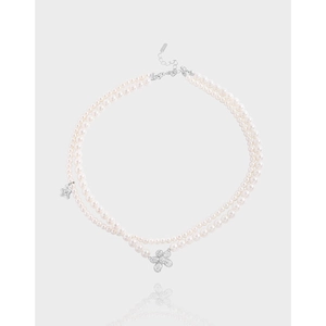 Layered Artificial Pearl Necklace S925 Sterling Silver Zircon Flower And Star Pendant Clavicle Chain Korean Style For Women