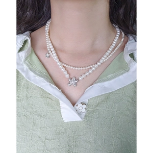 Elegant S925 silver double-layer pearl necklace with flower and star charms for women