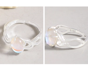 Macro detail of S925 sterling silver ring showing the inner S925 stamp and moonstone
