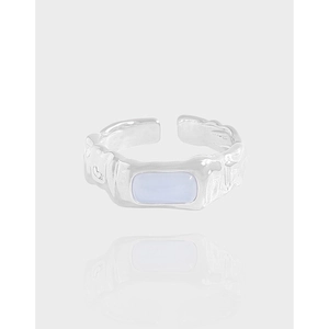 925 Sterling Silver Ring For Women Blue Agate Inlaid Irregular Wrinkled Texture Adjustable Open Ring Minimalist Fashion Jewelry