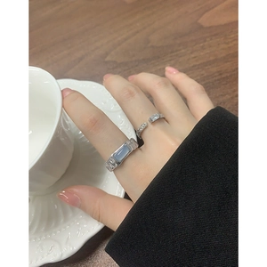 Adjustable S925 silver irregular ring set with blue agate and rectangle zircon stones
