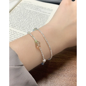 Minimalist S925 silver beaded bracelet set with crystal beads and white baroque pearl