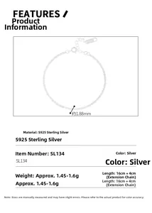 Size chart showing S925 sterling silver chain width of 1.88mm and adjustable length detail