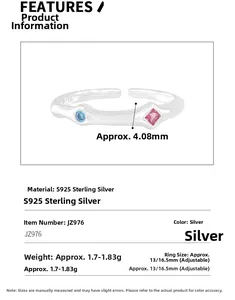 Detail showing S925 sterling silver adjustable ring with blue and pink cubic zirconia