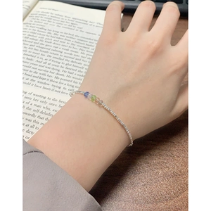Minimalist S925 sterling silver thin chain bracelet with colorful crystal beads for women