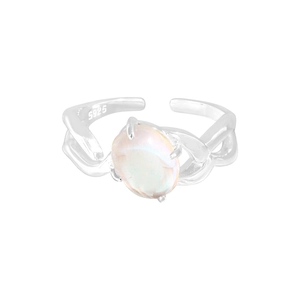 S925 sterling silver cross line ring featuring an oval moonstone on white background