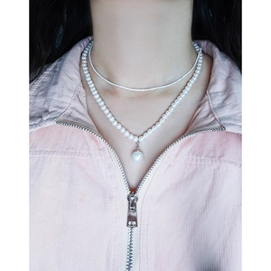 Minimalist S925 sterling silver layered necklace with a single round pearl pendant for women