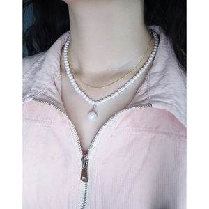 Elegant S925 sterling silver double layer gold chain necklace with white pearl pendant