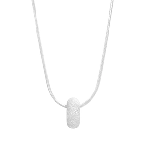 Silver S925 snake chain necklace with sparkling frosted pill pendant on white background