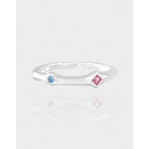 925 Sterling Silver Open Ring For Women Minimalist Geometric Double Stone Pink Square Blue Round Zirconia Adjustable Ring