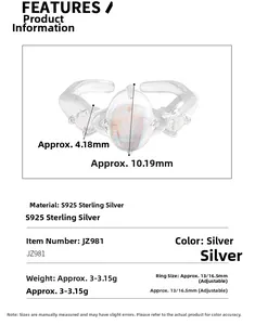 Macro detail of S925 sterling silver moonstone ring with precise size measurements