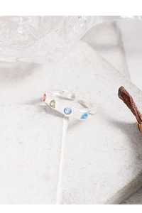 Detail of S925 sterling silver ring featuring colorful zircon stones and hammered texture