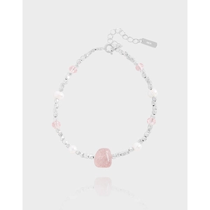 S925 Sterling Silver Strawberry Quartz Freshwater Pearl Bracelet For Women Irregular Beaded Korean Style Jewelry Gift