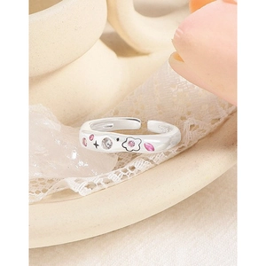 Elegant S925 sterling silver open ring with pink zircon flowers and star motifs