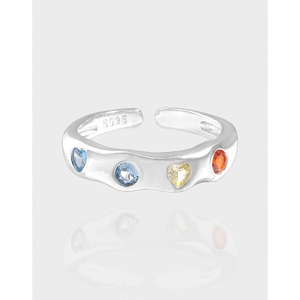 925 Sterling Silver Wavy Open Ring Multi Color Zirconia Adjustable Irregular Geometric Finger Ring Women Jewelry Gift