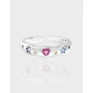 S925 Sterling Silver Heart Star Rhinestone Open Ring For Women Minimalist Adjustable Korean Style Finger Jewelry Gift