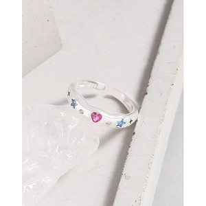 S925 sterling silver open ring with colorful zircon stones and irregular wave design