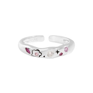 Minimalist S925 silver wave ring with colorful zircons and floral star patterns