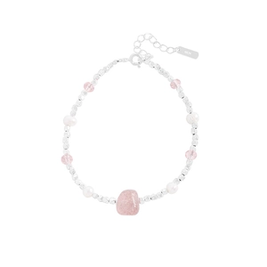 S925 sterling silver beaded bracelet with strawberry quartz pearls and irregular silver beads