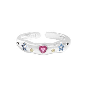 S925 sterling silver adjustable open ring with pink heart zircon and blue star accents