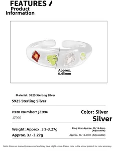 Detail view of adjustable S925 sterling silver ring with colorful zircon gemstones