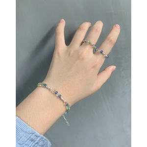 Elegant S925 silver bracelet set with colorful crystal beads and matching rings for women