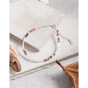 Elegant S925 sterling silver beaded bracelet with colorful tourmaline stones and geometric charms