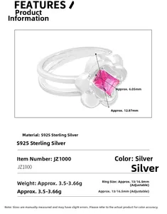 Macro detail of S925 silver flower ring showing 12.87mm width and 6.05mm pink stone